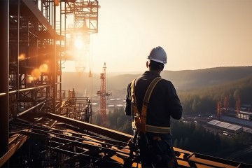 Engineer Technician Watching Team of Workers on High Steel Plat